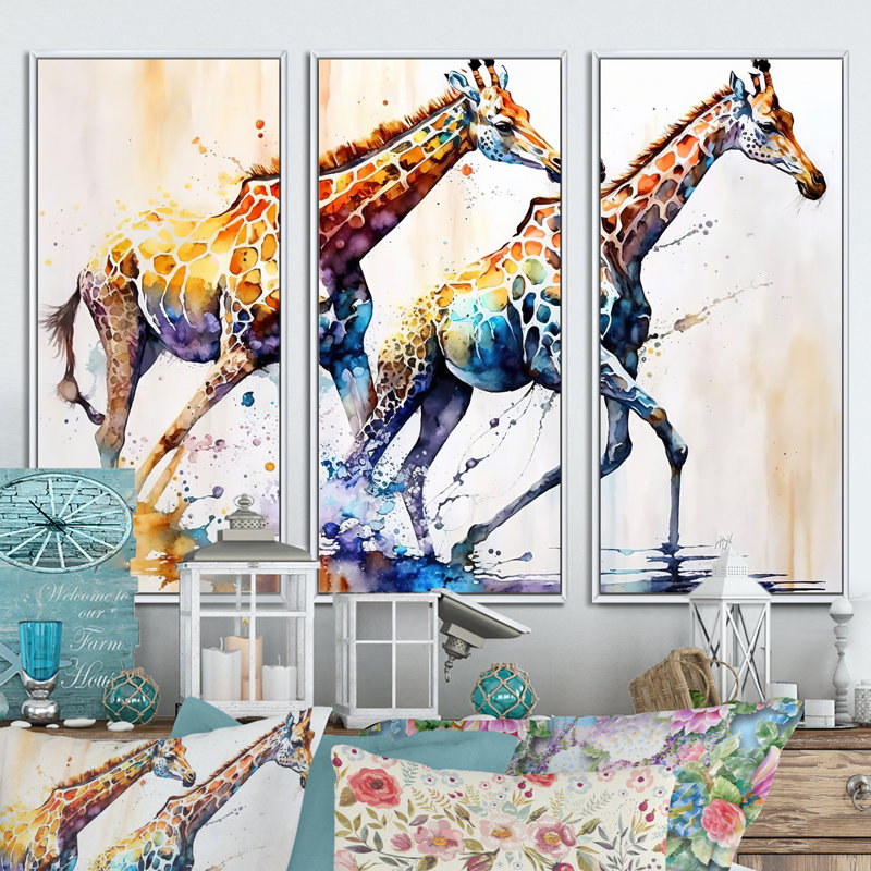 Giraffs qui court - 3 pièces sur toile, H 28 po x l 36 po x P 1 po, Cadre blanc