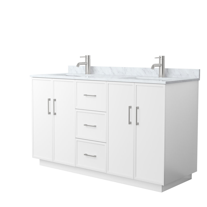 Elan TK 60" Freestanding Double Bathroom Vanity with Marble Top, White, Brushed Nickel