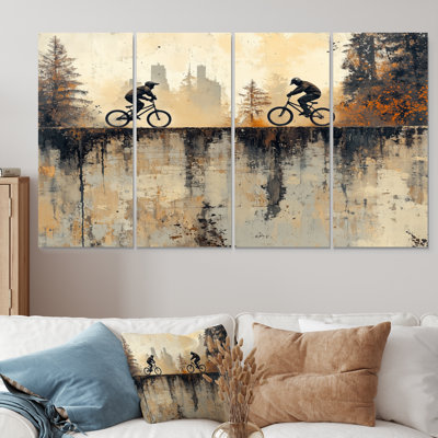 Black And Orange Bmx Forest Riding - Cycling Canvas Wall Art Set