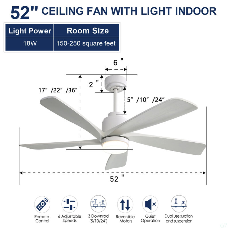 52 Inch Modern Ceiling Fan With Dimmable LED Light 5 Solid Wood Blades Remote Control Reversible DC Motor With Smart Control