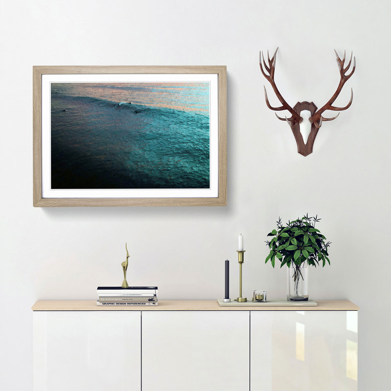 Surfing at Sunset - Picture Frame Graphic Art Print, Oak Framed, 36cm H x 48cm W x 2cm D