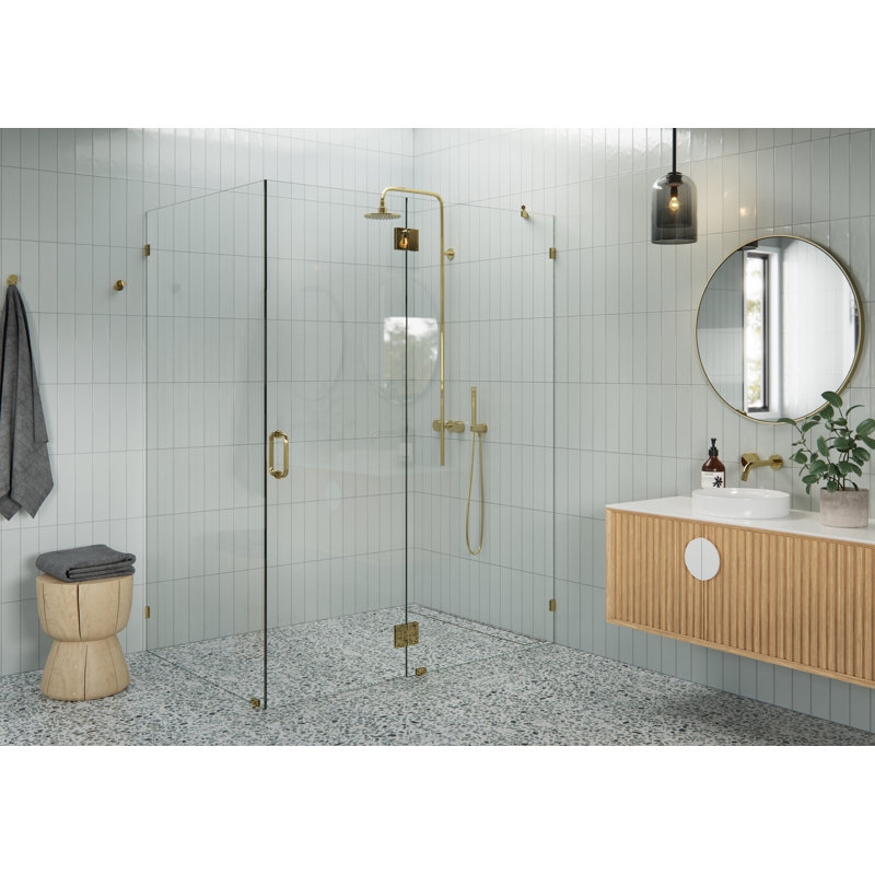 Halo 60 in. x 43 in. x 78 in. 90-degree Fully Frameless Glass Hinged Shower Enclosure, Polished Brass
