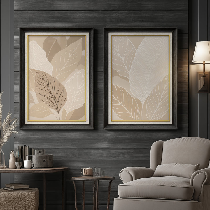 «Neutral Leaf Pattern Soft Contemporary», ensemble de 2 reproductions d'art encadrées sur papier de qualité supérieure 26 po x 36 po