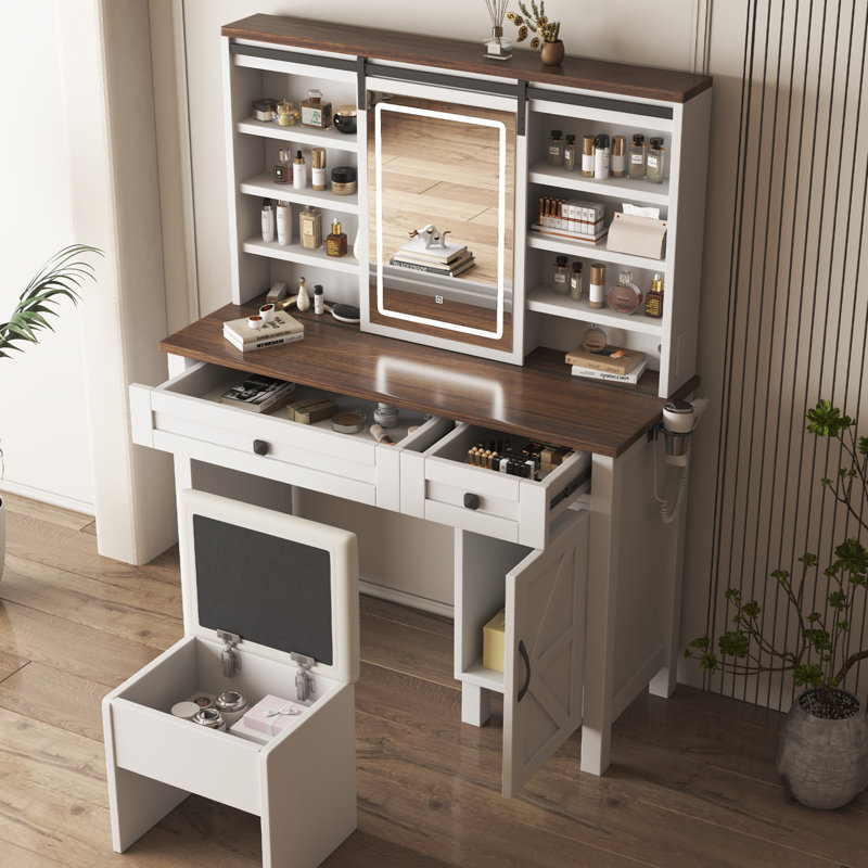 Makeup Vanity Desk Set With Sliding Mirror, Adjustable LED Light, Charging Socket, Multi Storage