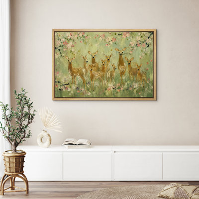 Spring Deer Family Floral Framed Canvas Master Bedroom Wall Art Work Print