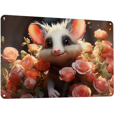 Rétro affiche en métal rétro avec plaque de bar en aluminium pour salle de bain, panneau de véranda rétro, affiche de bienvenue, décoration, opossum et roses, décoration murale pour café, décoration murale, 8 x 12 pouces
