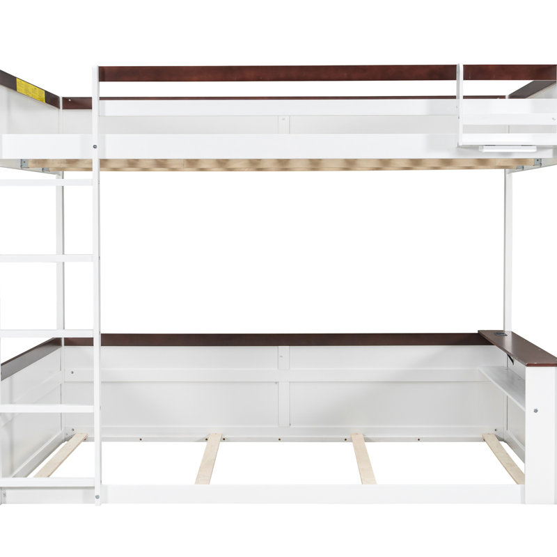 Grand lit superposé en bois blanc avec tablettes intégrées, boîte de rangement, éclairage à DEL et crochets à vêtements pour une solution pratique et confortable dans la chambre à coucher, une station de charge, une organisation confortable