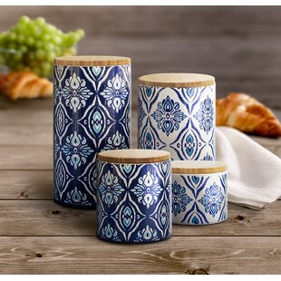 American Atelier Ceramic 4 Mugs with Standing Metal Rack Set, Blue Medallions