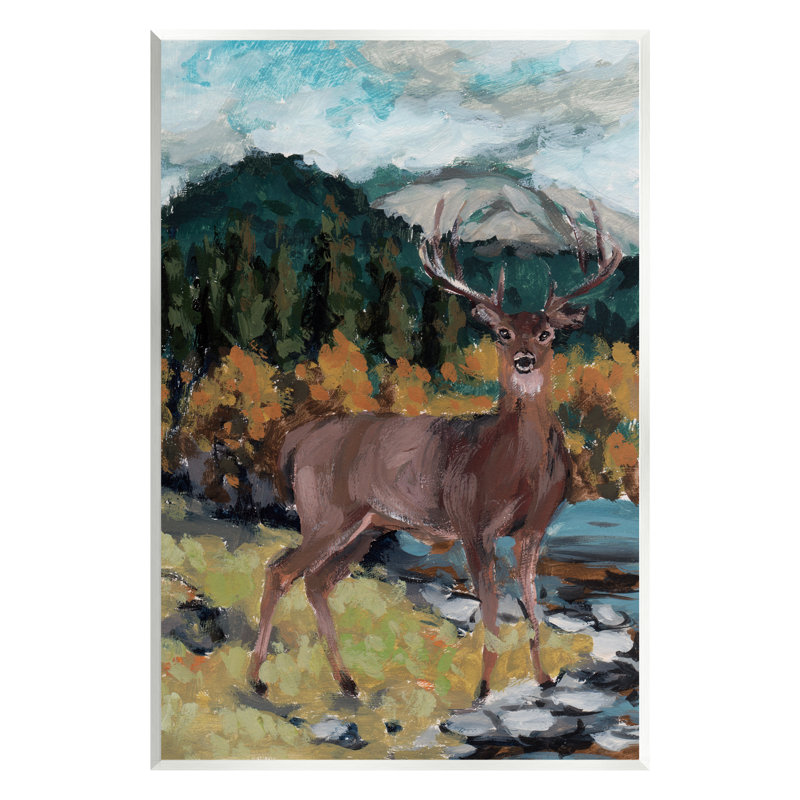 Cerf, rivière, paysage - peinture, H 15 po x l 10 po x P 0,5 po, Bois