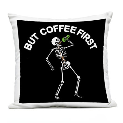 But Coffee First Skeleton Outdoor Printed Pillow design by Jedco Brands, Inc.