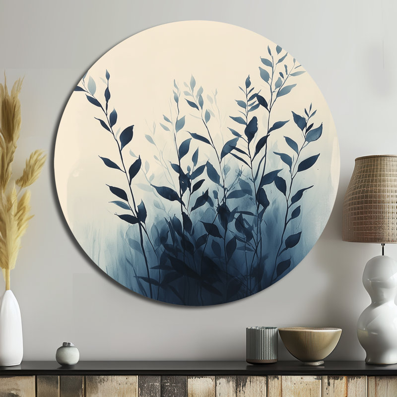Minimalisme solitude des feuilles en monochrome II - plantes, art métallique rond, H 16 po x l 16 po