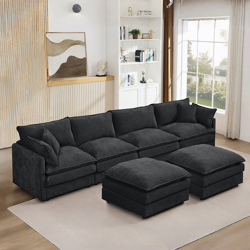 Canapé rembourré Cloud, canapé modulaire en U avec repose-pieds, Noir