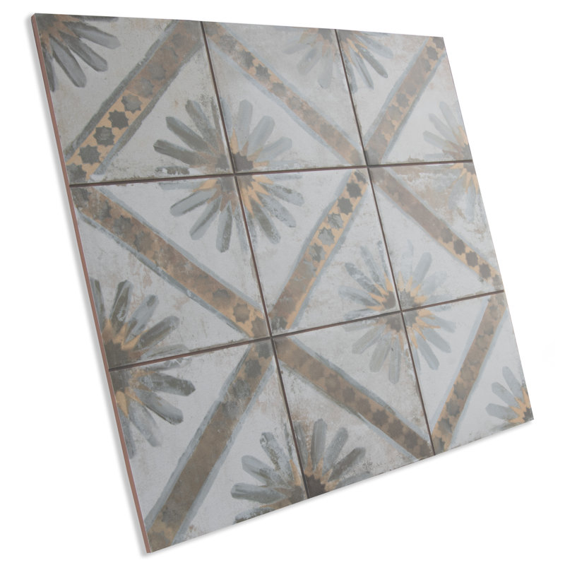 Carreau de céramique à motif pour mur et plancher 13 po x 13 po Harmonia, Bleu / gris / ivoire