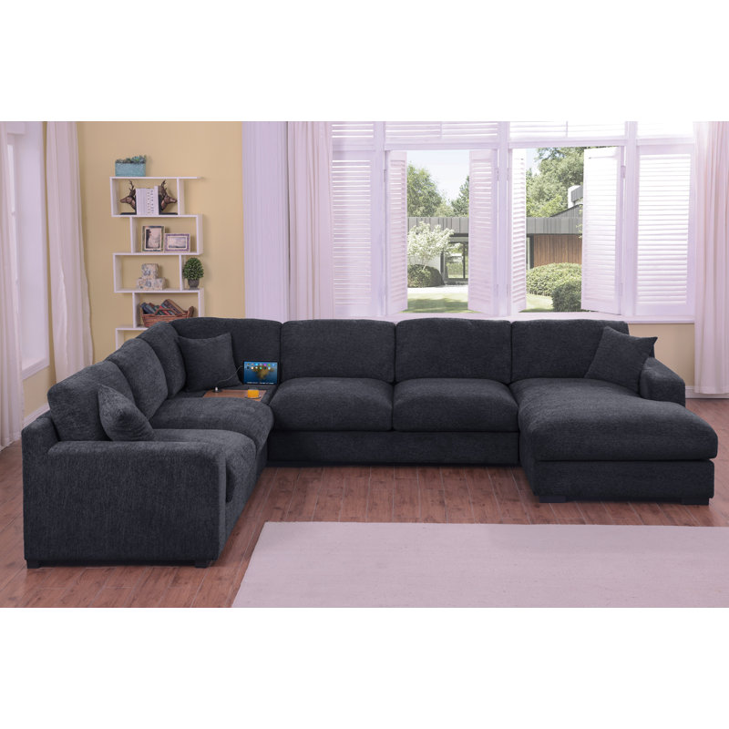 Canapé d'angle modulaire en chenille anthracite l 128 po Celine, Gris anthracite