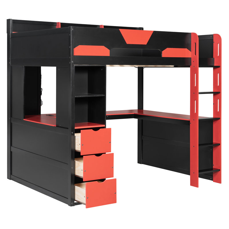Lit mezzanine moderne avec bureau éclairé, station de charge, tablettes de rangement et tiroirs, Full, Black/Red