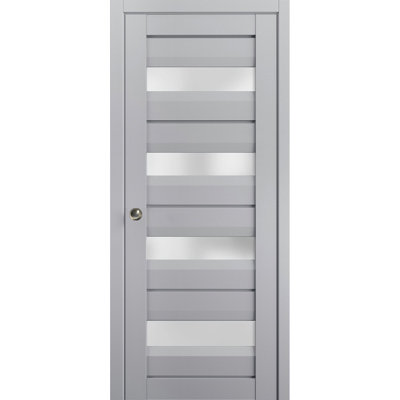 Porte coulissante à galandage avec vitrage dépoli | Veregio 7455 Gris mat | Trousse de garnitures, rails et quincaillerie | Porte en bois massif robuste pour chambre à coucher - 107 cm x 213 cm
