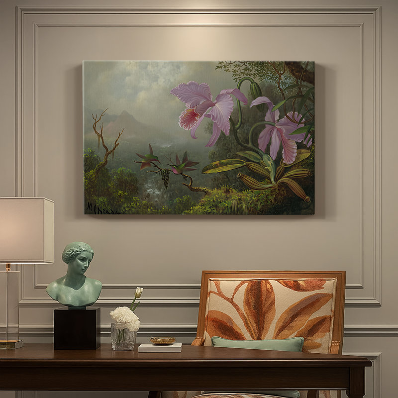 Martin Johnson Heade «Cattleya orchid and Three brésilien colibris» - Art mural sur toile de qualité musée, 40 x 60