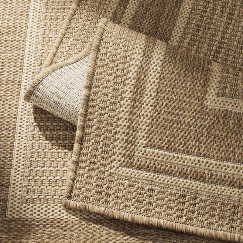 Geometric Bordered Indoor/Outdoor Area Rug In Warm Beige, UV-Resistant Easy-Clean Shed-Resistant Patio Rug For Deck, Porch & Dining Room