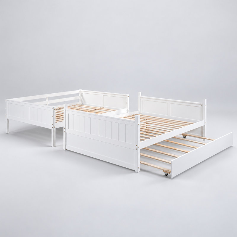 Lit superposé double au-dessus de double avec lit gigogne simple, Bois blanc