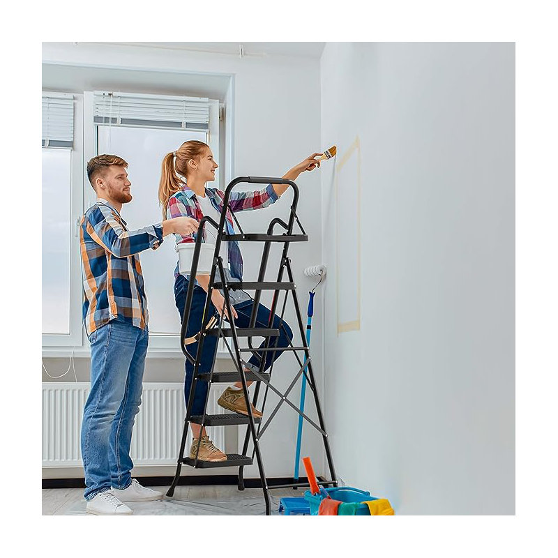 Folding 5 Step Ladder, Metal Step Stool with Tool Tray and Tool Bag, Wide Non-Slip Pedals, Soft-Grip Handrails, Up to 150KG, Black