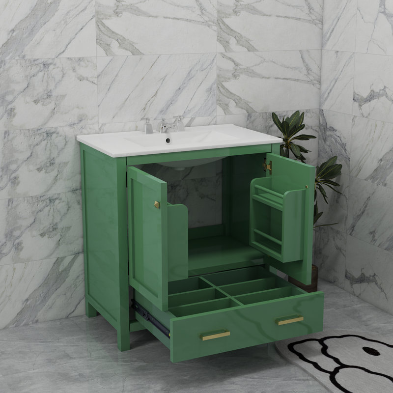 Meuble-lavabo vert 30 po avec lavabo simple, lavabo sous le comptoir, armoire de rangement pour la salle de bain avec 2 portes et un tiroir, fermeture en douceur, rangement multifonctionnel (wf324043)