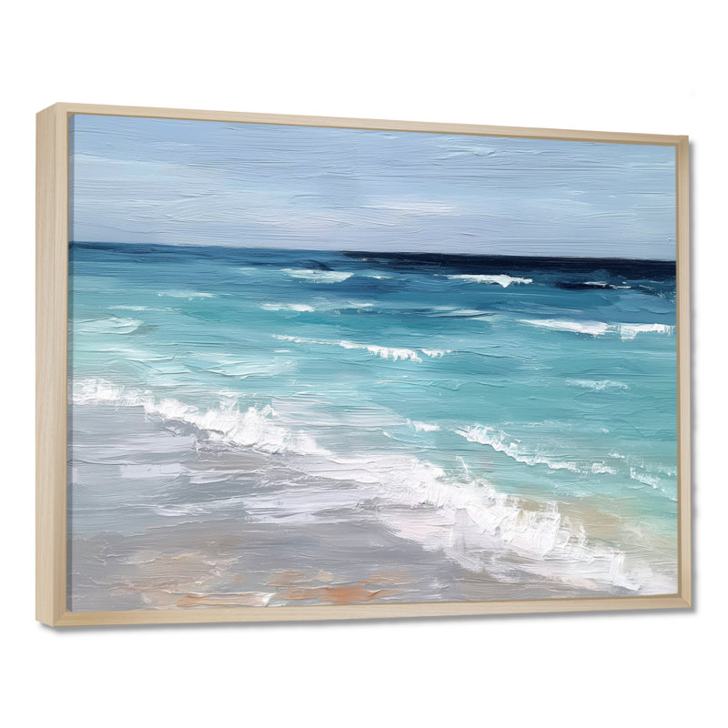Blue And White Coastal Beach Wonder - Beach Wall Art, White Coastal Canvas Print, 34" H x 44" W, Floater Framed, Cream