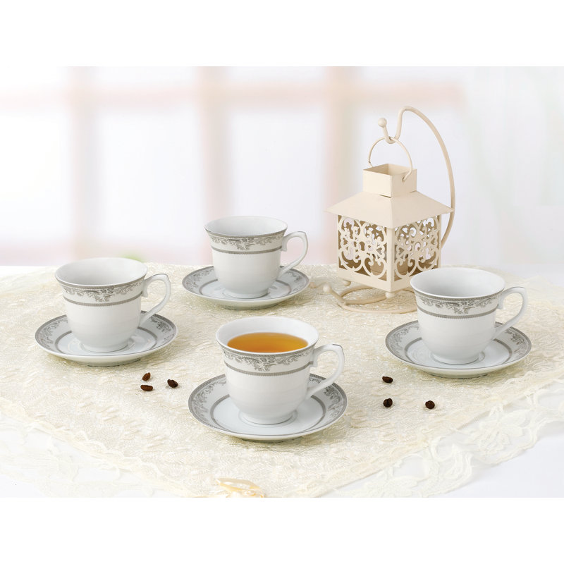 Elegant Silver Floral Porcelain Tea Cups and Saucers Set, 8 oz, Set of 4