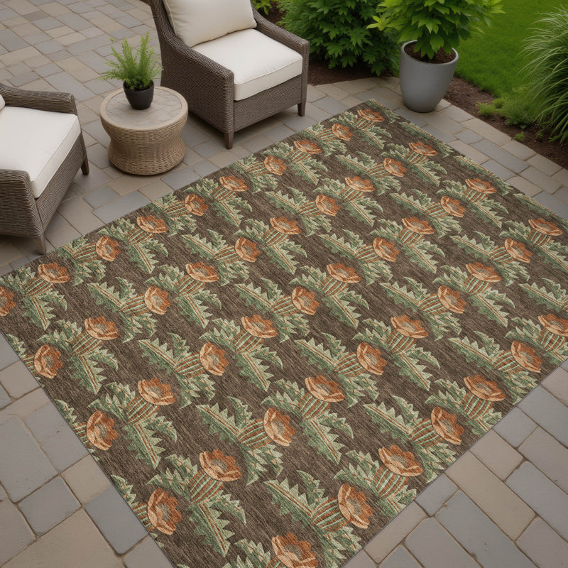 Machine Washable Indoor/Outdoor Chantille ACN2684 Floral Rug, Chocolate, 3' x 5'