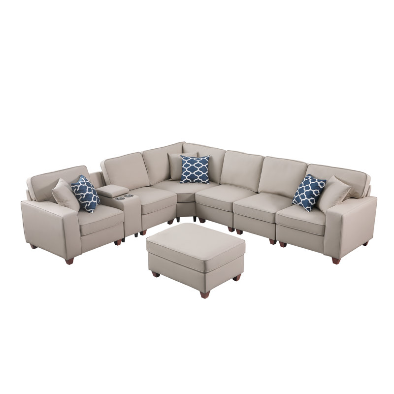 Gina Artificial Leather Modular Sectional With Ottoman And Cupholder Console, Beige Faux Leather