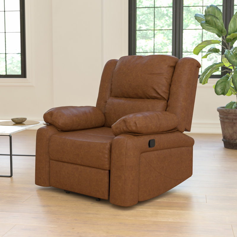 Arland Contemprary Faux Leather Pillow Back Recliner, Cognac Leather Match