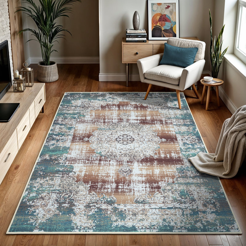 GLN Rugs Vintage Collection - Machine Washable Area Rug, Vintage Washable Rug, Non Slip Area Rug, Low Pile Living Room Rug, Bedroom Rug, Bathroom Rug - Easy Clean (Blue and Tan Rug)
