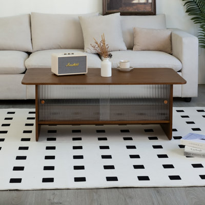 Table basse rectangulaire moderne minimaliste de 47 pouces avec une armoire de rangement avec portes coulissantes en verre, idéale pour les salons, les chambres à coucher et les bureaux, facile à assembler, brun