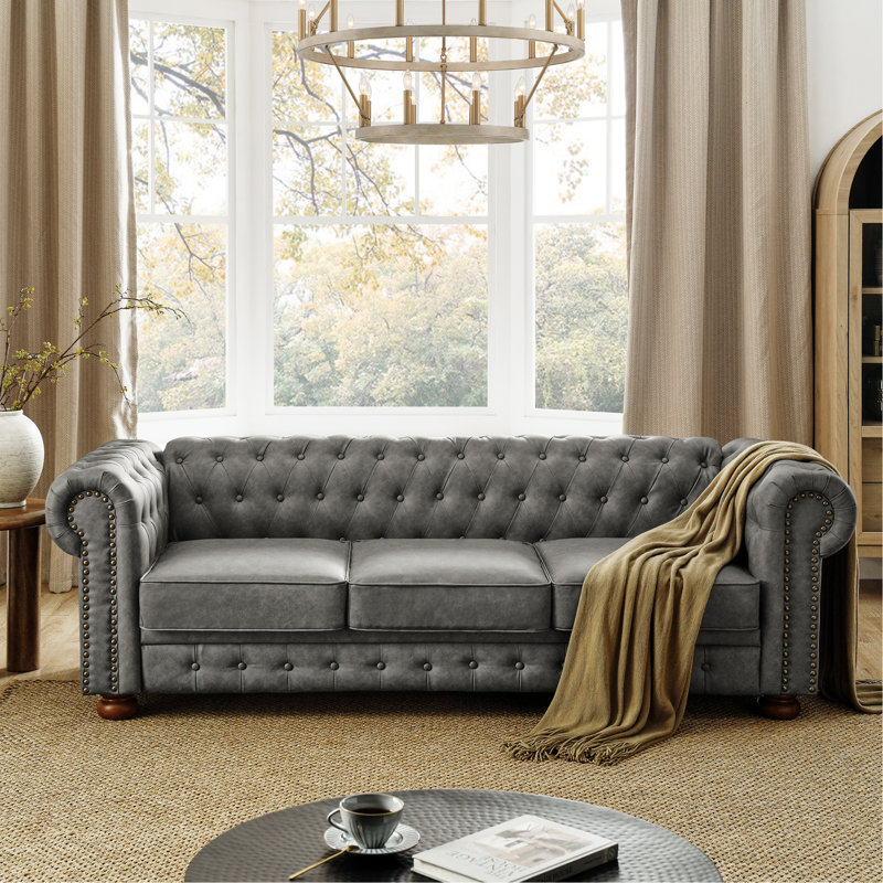 Canapé Chesterfield capitonné rembourré 3 places en polyuréthane avec accoudoirs cloutés