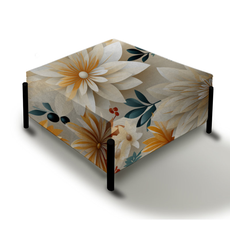 Fusion géométrique orange et beige avec grand repose-pieds floral carré
