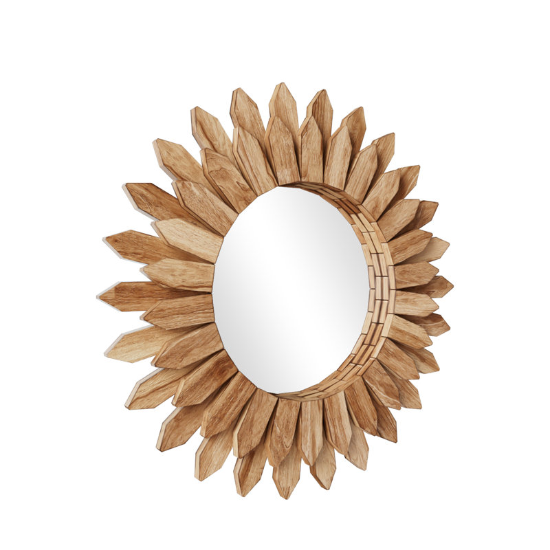Hand-Polished Solid Wood Sunflower Sunburst Wall Mirror , Natural Wood, 20" x 20"