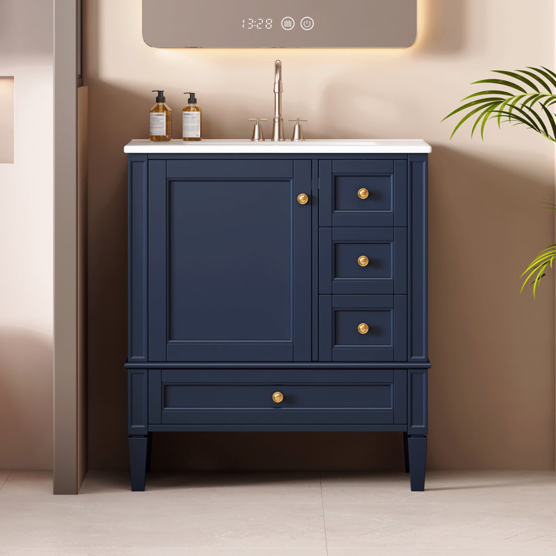 Meuble-lavabo moderne de 30 po avec lavabo en céramique, meuble-lavabo à 3 tiroirs et meuble-lavabo moderne, Bleu