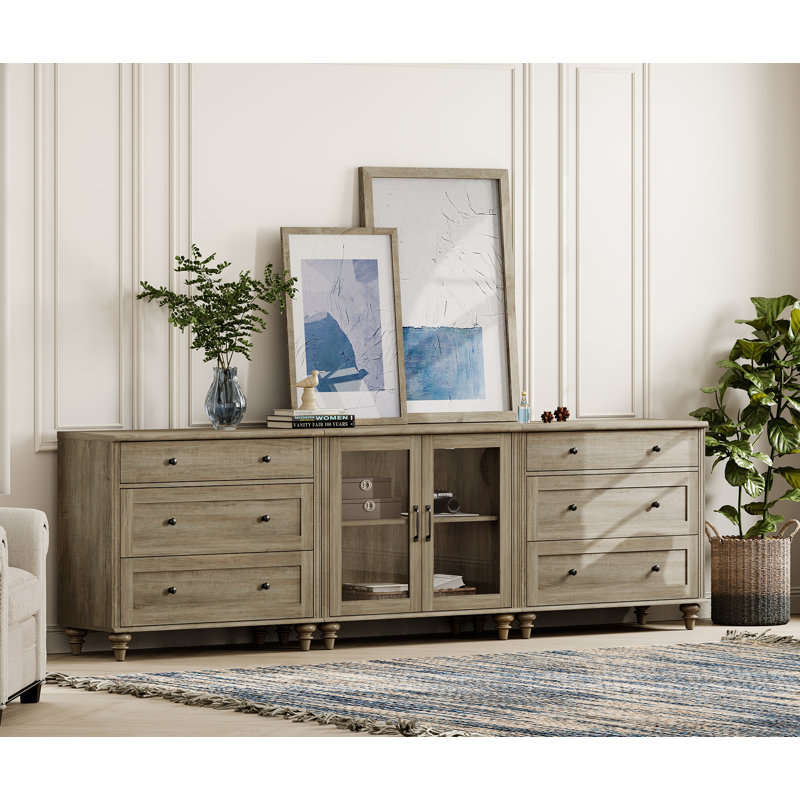 Farmhouse TV Stand, 3-In-1 TV Console Table For 75/80/85/90 Inch TV, Entertainment Center With Drawer & Glass Door, Wash Gray