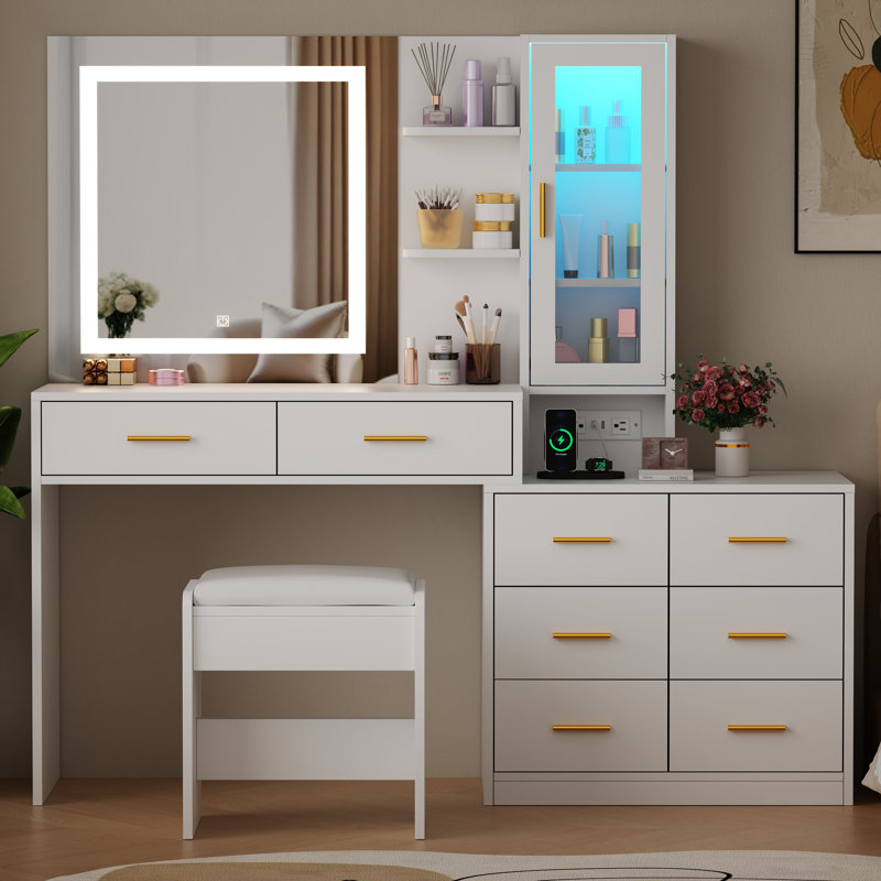 Adriel 51.8" Makeup Vanity With Lights And Mirror & Rgb Cabinets