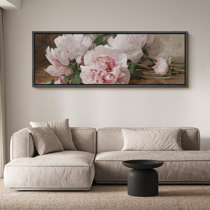 "Flower Blossom Elegant Pe pivoines in Bloom", impression florale sur toile, H 20 po x l 60 po, Noir, noir, noir, noir