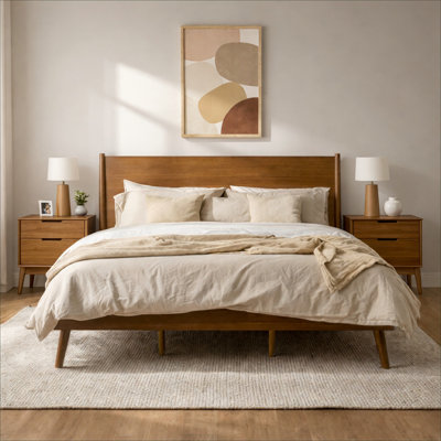 Solid Acacia Wood Mid-Century Style King Size Platform Bed, Classic Brown, No Box Spring Required 600 lbs Weight Capacity