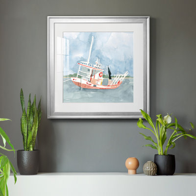 Bright Fishing Boat II - Matted and Framed Under Acrylic Glass, Large Living Room Wall Art