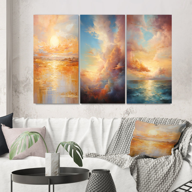«Bold Sunset Golden Collage», 3 pièces sur toile, H 32 po x l 48 po, Cadre noir
