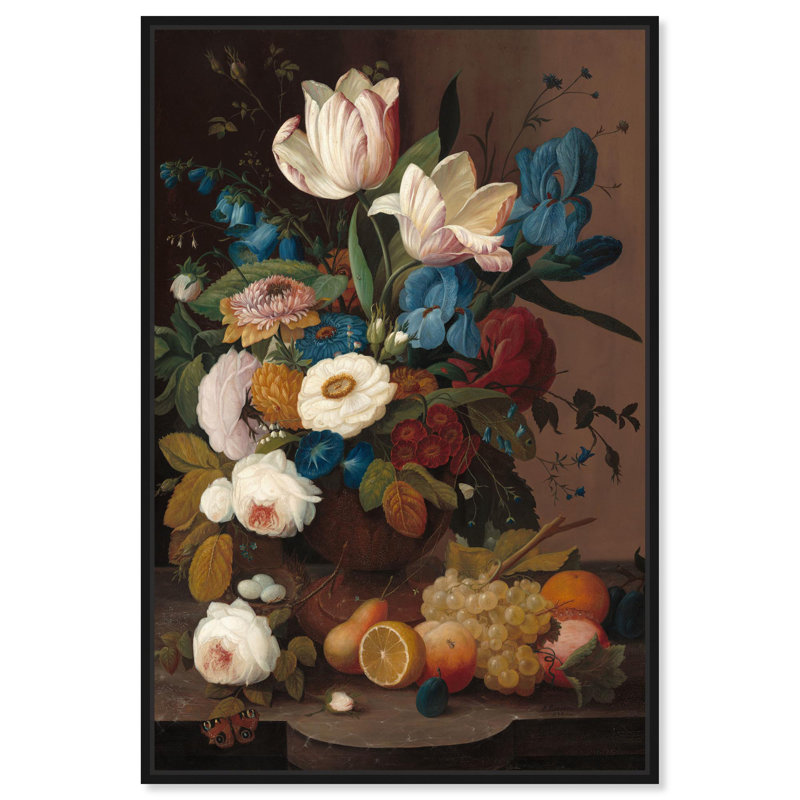 Art, art floral, nature morte, toile, fleurs, 1848, Cadre flottant noir, H 16 po x l 11 po
