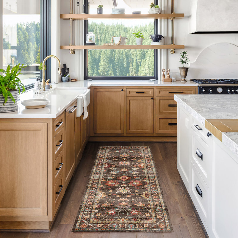 Samira Cullen Machine Washable Floral Border Brown Tan Cream Multi Indoor Area Rug, Transitional Flat Pile for Living Room & Bedroom - Brown, 2x6 Runner