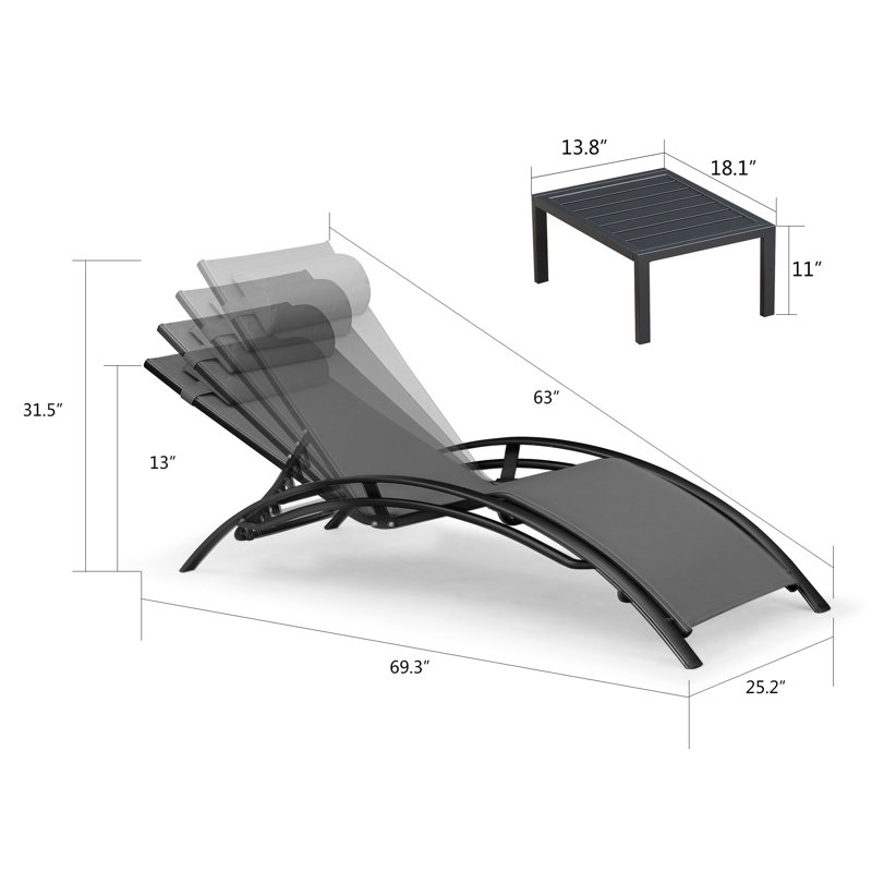 Grove 176cm Long Reclining Chaise Lounge Set, Black