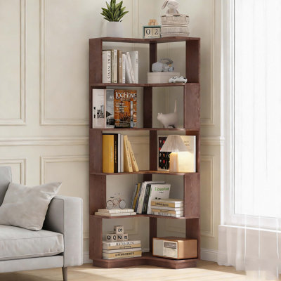 6 Tier Freestanding L-Shaped Corner Bookshelf For Living Room, Bedroom, Wooden Bookcase with anti-drop panle and anti tipping device, Display shelf Open storage rack Organizer for Home Office DARK RED