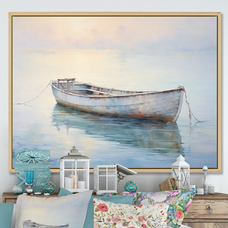 Bateau, eaux éthérées I - impressions sur toile, Reproduction avec cadre flottant, H 16 po x l 32 po, Doré