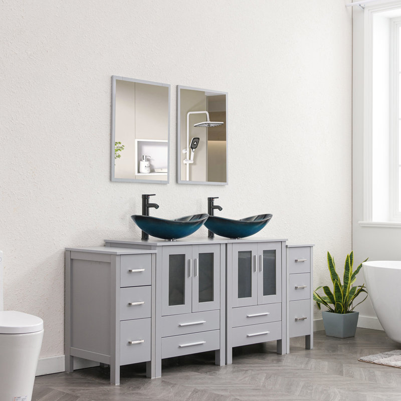 Brazel 72'' Free Standing Double Bathroom Vanity with Manufactured Wood Top, Vessel Sink, Faucet, Drain, Blue, Gray