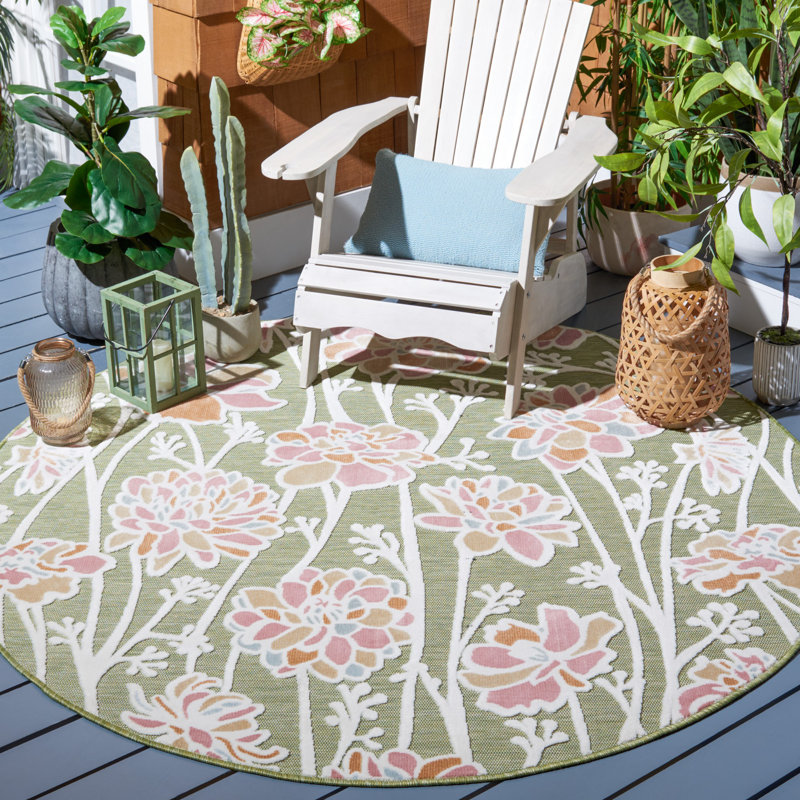 Tapis intérieur / extérieur à motif floral vert / rose Mattalyn, Rond 6 pi 5 po