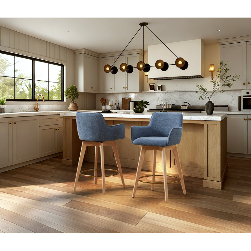 Lovetro 67.5cm H Swivel Counter Stools Linen Upholstered with Rubberwood Legs and Gold Footrest (Set of 2), Blue